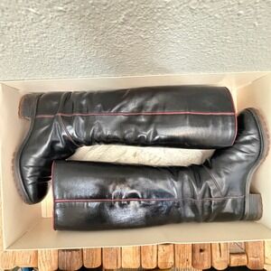 Charles Jourdan Design Black Leather Tall Boots Red Piping Lug Sole Womens 8.5